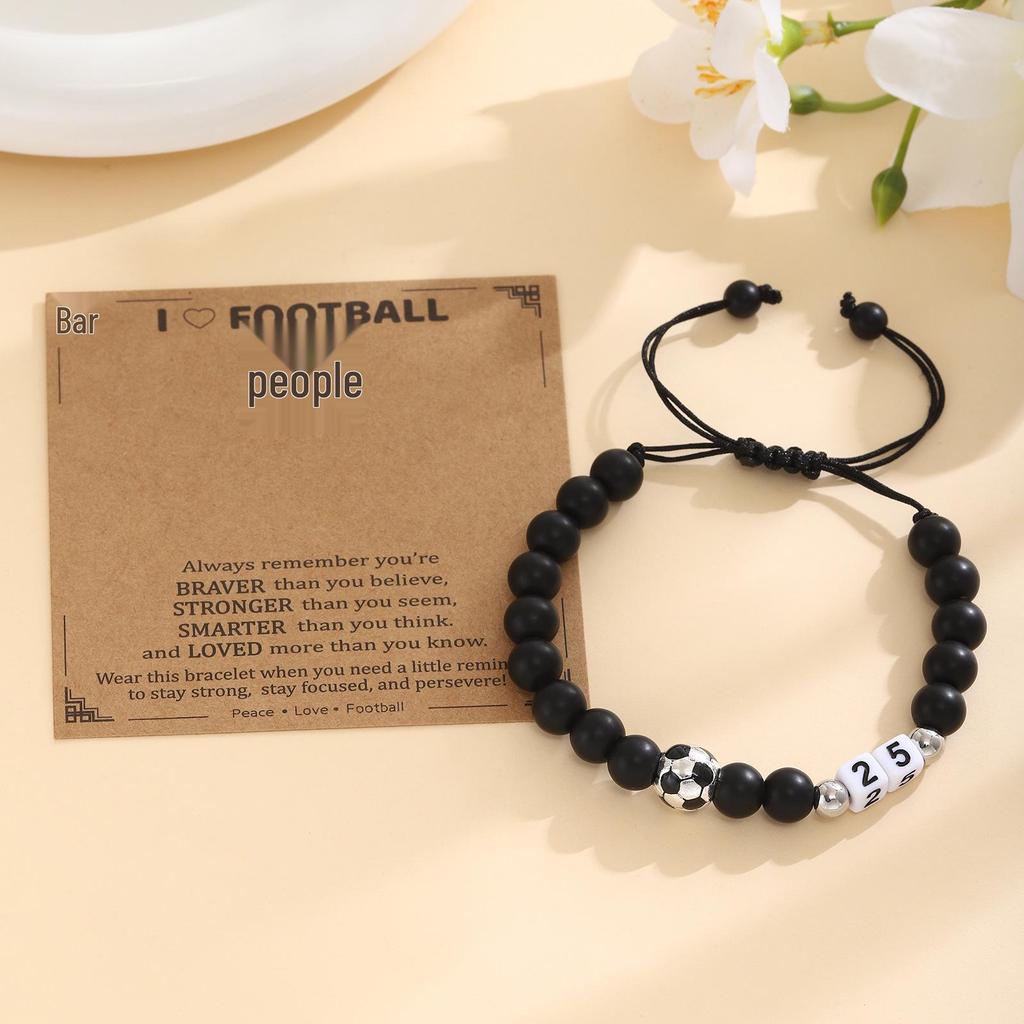 Men's Adjustable Black Matte Stone Beaded Bracelet - Football Number Birthday Gift