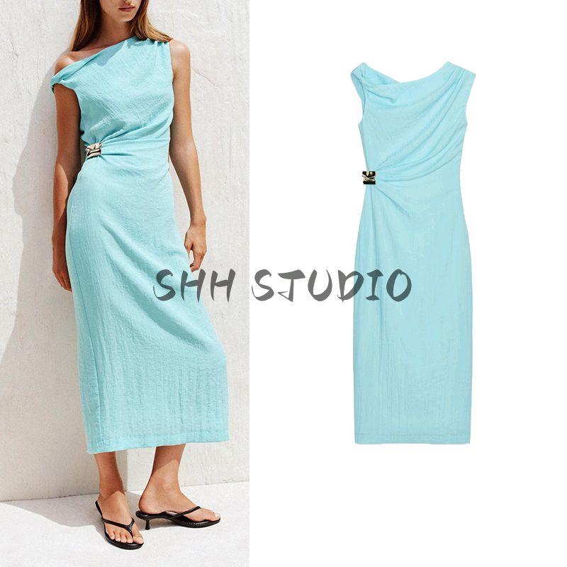 Summer New Product Women's Clothes Vacation Boat Collar Sleeveless Inlay Asymmetric Midi Skirt Length Dress 8037392
