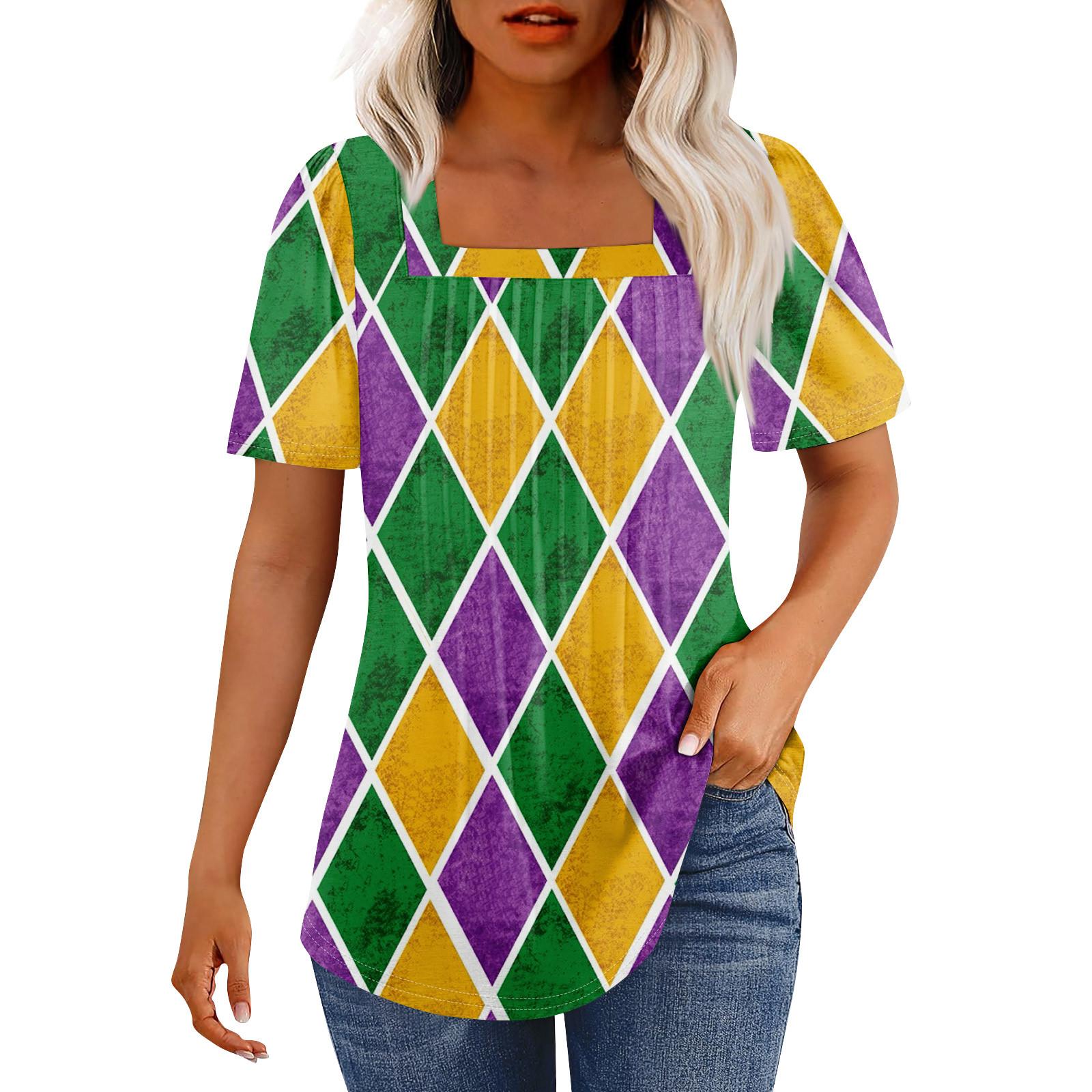 

Футболки для женщин, плиссированные, с квадратным вырезом, нарядные, повседневные, блузки с принтом, с коротким рукавом, летние топы свободного кроя M фиолетовый