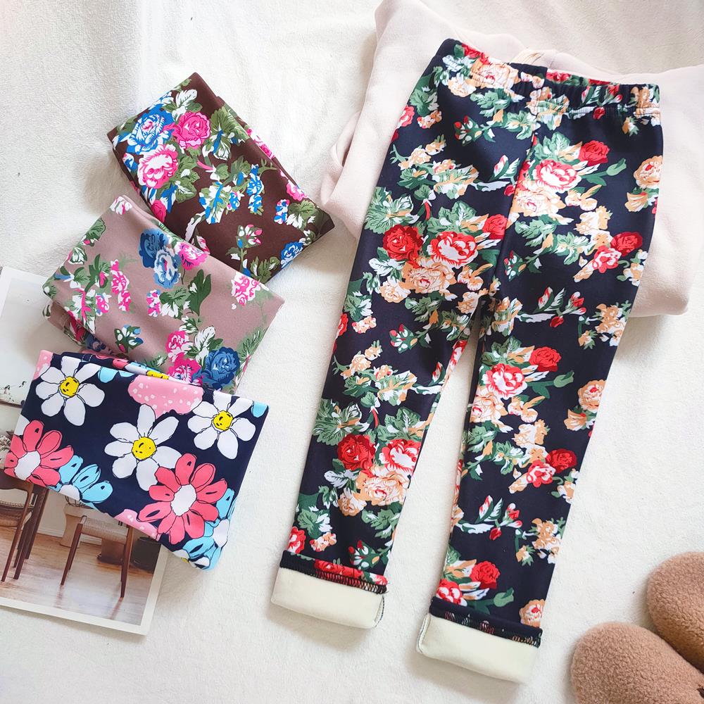 Floral Print Autumn Winter Thickened Warm Kids Pants Baby Girl Velvet Leggings Children's Trouser