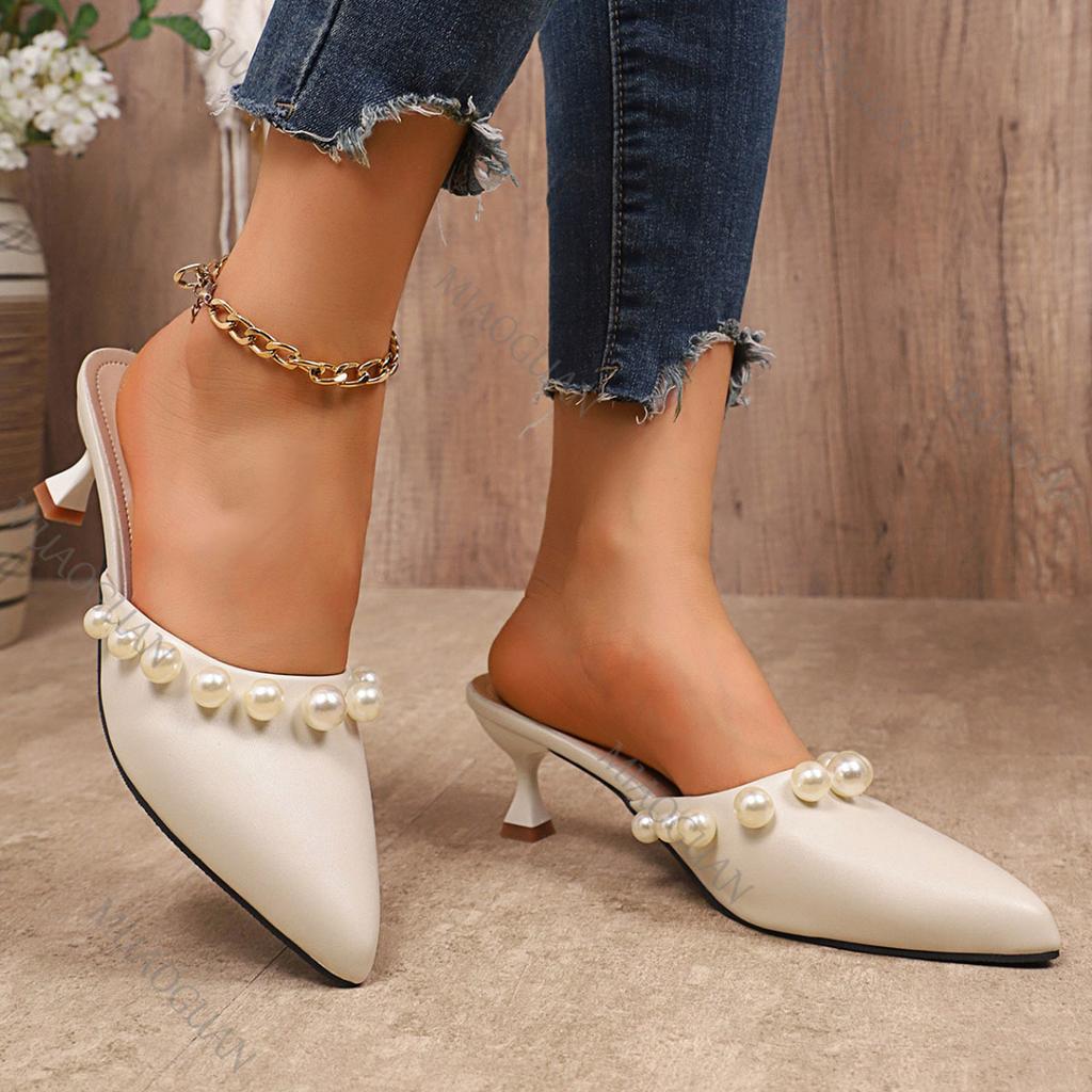 New Sweet Pearl High-heeled Slippers Summer New Pointed Toe Mules Half Baotou Slipper Beige Black Outside Heeled Sandal Slides