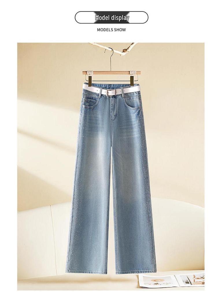 Women's Spring 2026 High-Waisted Loose Wide-Leg Jeans with Side Rhinestones