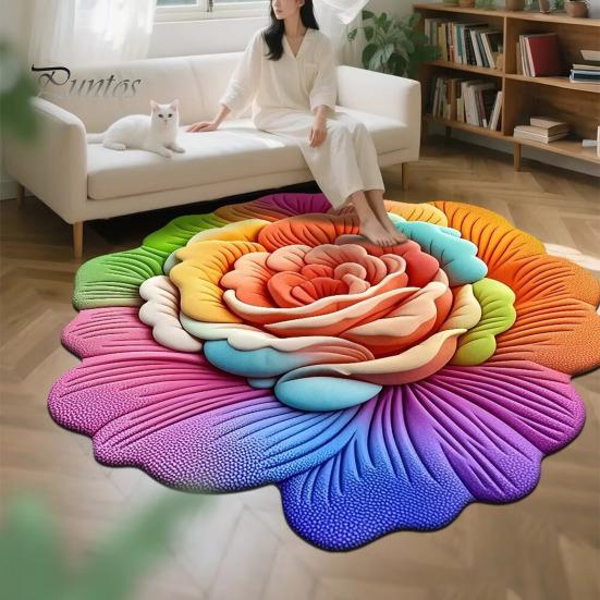 Sunflower Shaped Bath Mat Floor 3D Floral Design Non-Slip Dot-Embossed Backing Quick-Drying Large Rug Plush Carpet Soft Comfort Home Decor Moisture