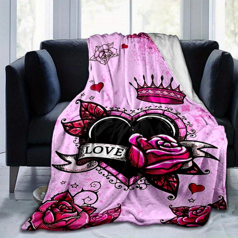 1pc. Pink Roses & Crown Heart Love Home Office Outdoor Blanket 100x150cm