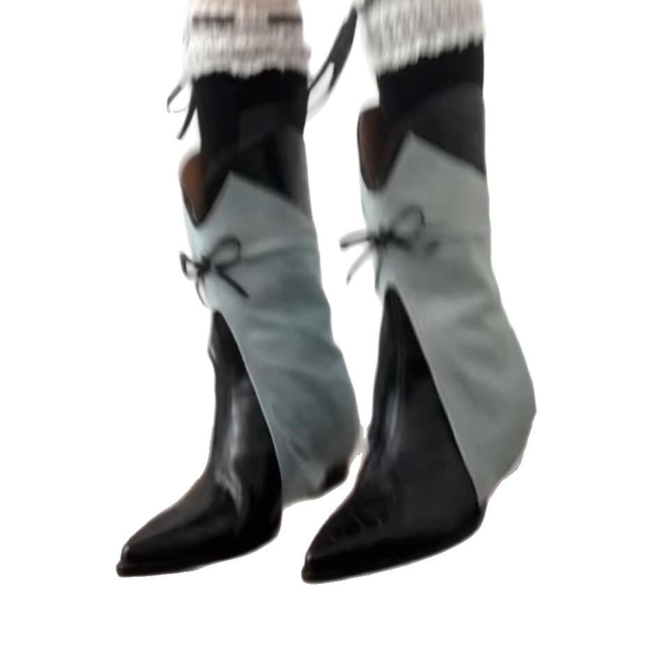 Niche design pointed denim shorts tube boots women's 2025 autumn slope heel bow short boots female designer tide