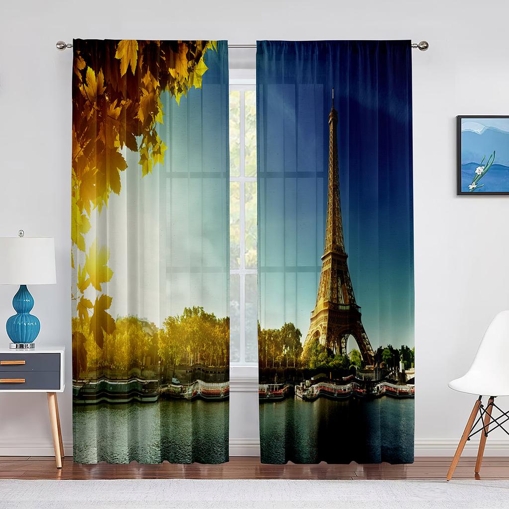 Paris Eiffel Tower Trees European City Landscape Voile Curtain Window Treatment Tulle Curtains for Living Room Sheer Curtains