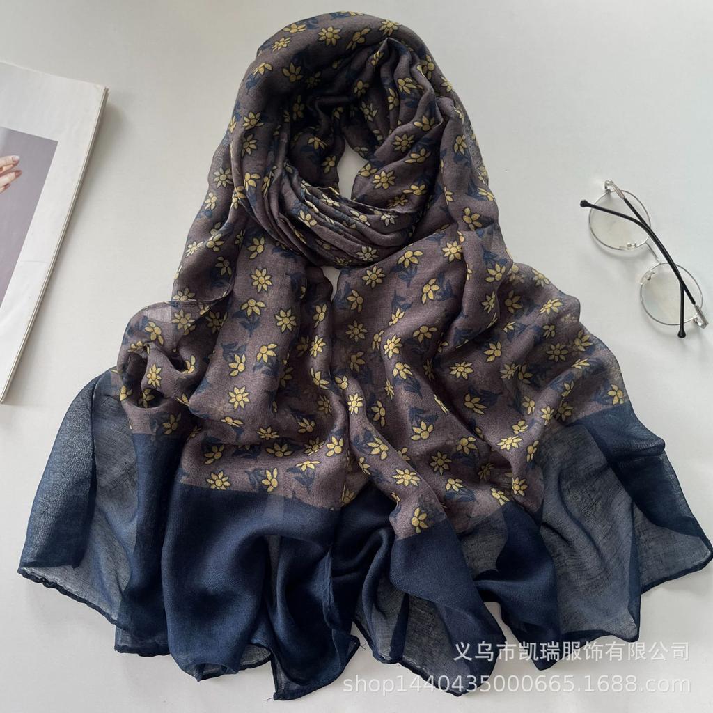 Women's Ethnic Floral Scarf: Autumn/Winter Voile Shawl, Cotton Linen Blend, Lightweight & Stylish.