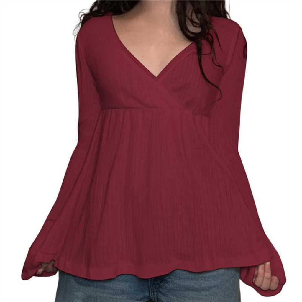 Women's Cross Neck Long Sleeve Loose Fit Solid Color Lace Trim T-Shirt Casual