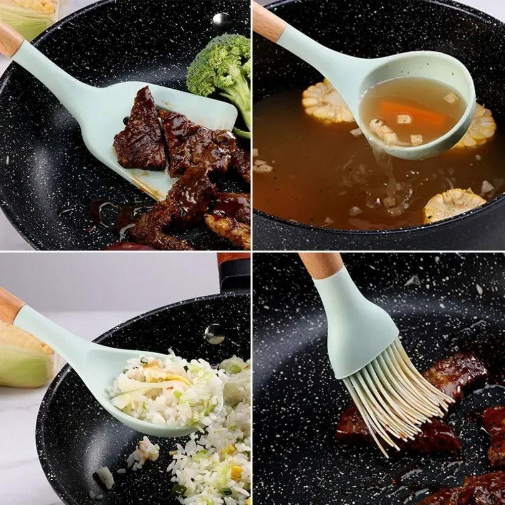 12PCS Food Grade Silicone Cookware Set Heat Resistant Ergonomic Kitchen Utensils Wooden Handle BPA-Free Baking Tools Set