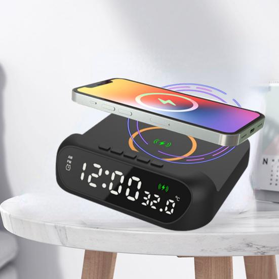 Wireless Charger with Digital Alarm Clock Temperature Display Wide Compatibility 15W Fast Charging 3-in-1 Wireless Charging Station