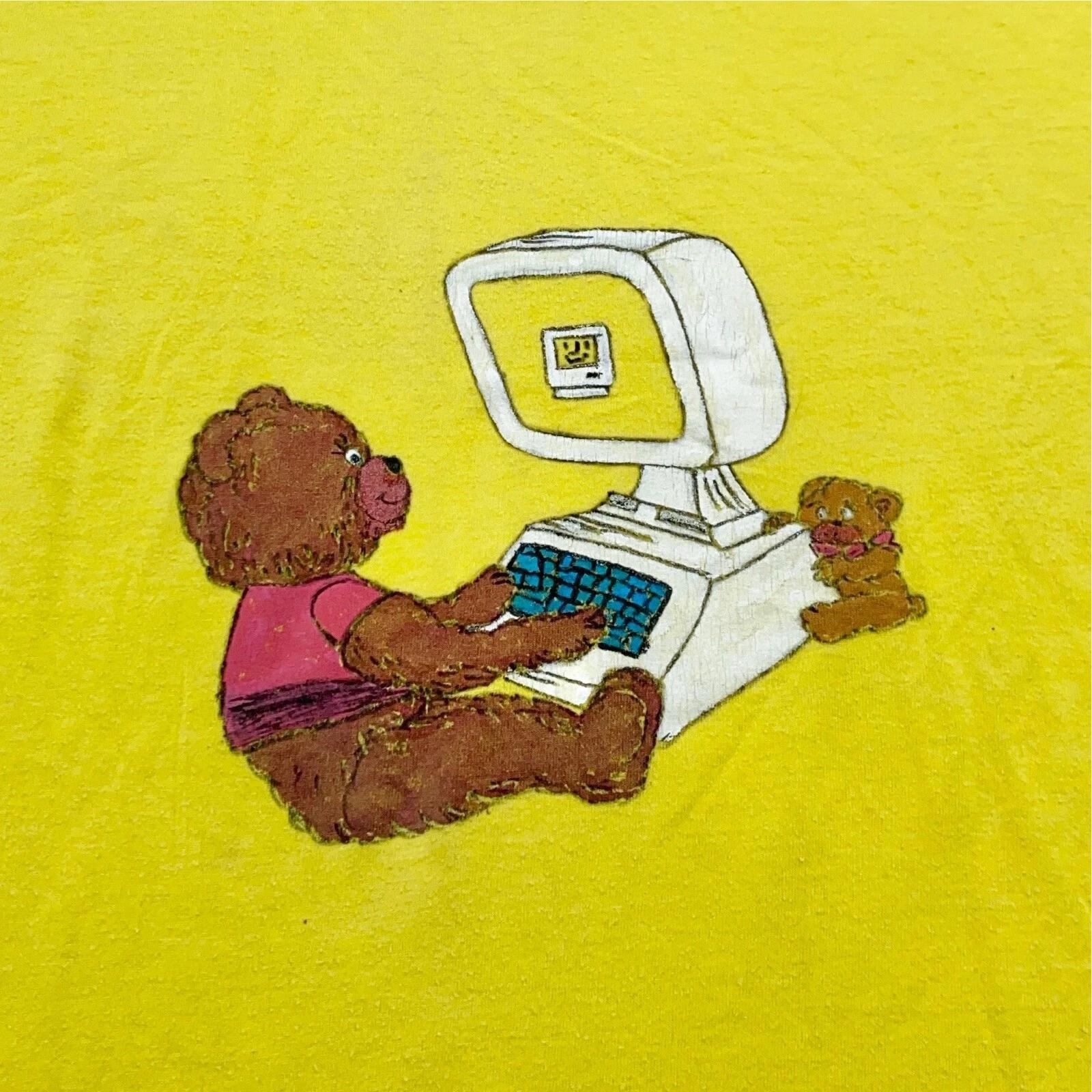 vintage 90s COMPUTER TEDDY BEAR CARTOON ART T-Shirt XL pc soft thin 2XL