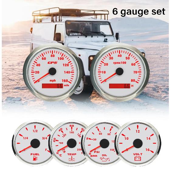 ELING 6 Gauge Set 85mm 200km/h 160MPH GPS Speedometer Tachometer 52mm 0-120℃ Water Temp Oil Pressure Fuel Level Voltmeter 12V