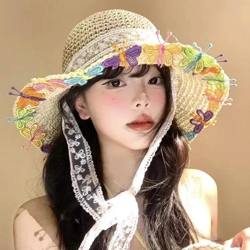 Lace Straw Sun Hat Children's Large Brim Summer Breathable Straw Hat Seaside Full Face Shading Sun Protection Hat Tide