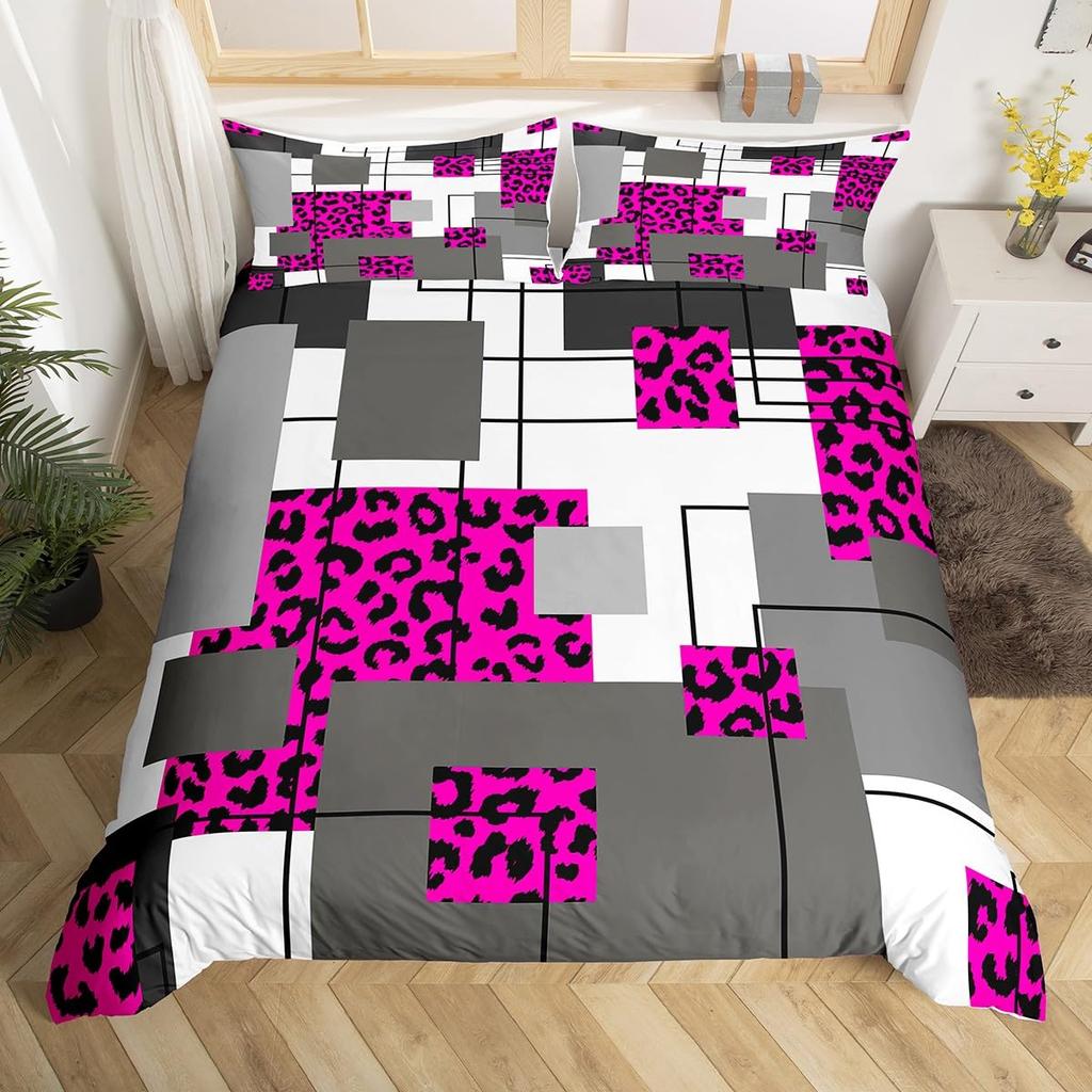 Abstract Stripe Leopard Check Duvet Cover Geometric Cheetah Print Bedding Set Girls Pink Black Grey Twin Queen Comforter Cover
