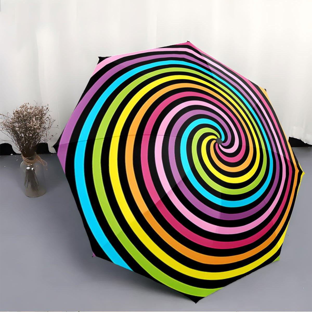

Folding Umbrella The umbrella features a vibrant spiral pattern with alternating black and multicolored stripes. Fits Travel, (as the picture,Iron&8K)