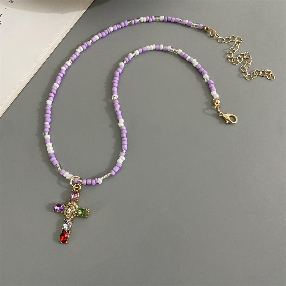 

Crystal Cross Pendant Choker Necklace for Women Men Colorful Handmade Seed Beads Necklace Gift Clavicle Chain Zircon