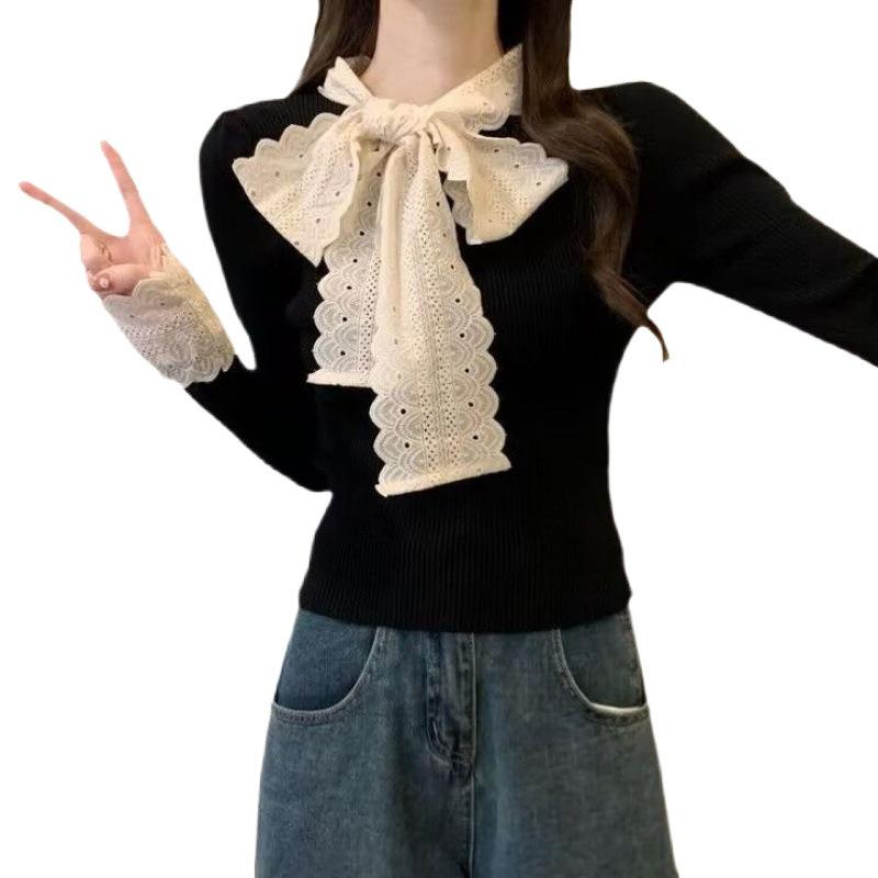 French Ribbed Design Autumn Winter Slimming Lace Trim Base Shirt