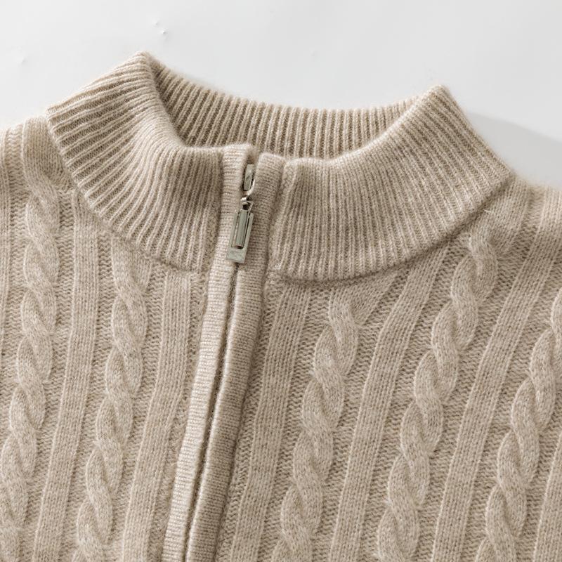 Men's 2024 Autumn/Winter Zippered Cashmere Sweater - Half-High Collar, Thick Cable Knit, Loose Plus Size