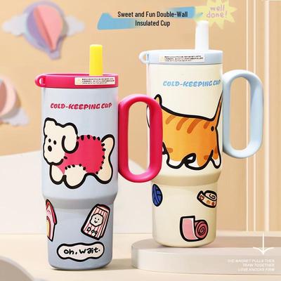 Cartoon Pattern 316 Stainless Steel Insulated Ice Buster Cup with Handle, Large Capacity Portable Water Cup for Car