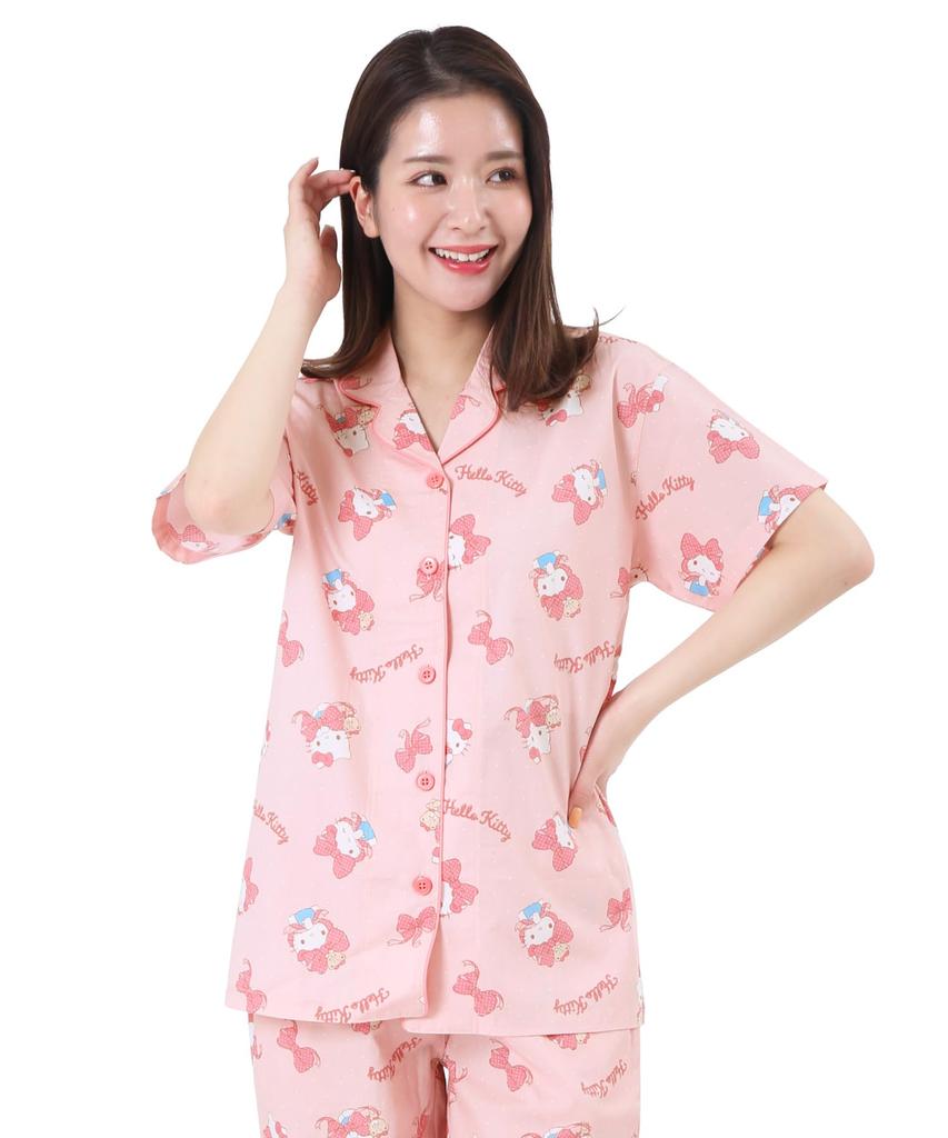 Hello Kitty Shirt Pyjama Breitband Baumwolle Kurzarm Lange Hose Oberteil und Unterteil Set Room Wear Loungewear Ribbon Ribbon Hello Kitty [SAZAC] 100%