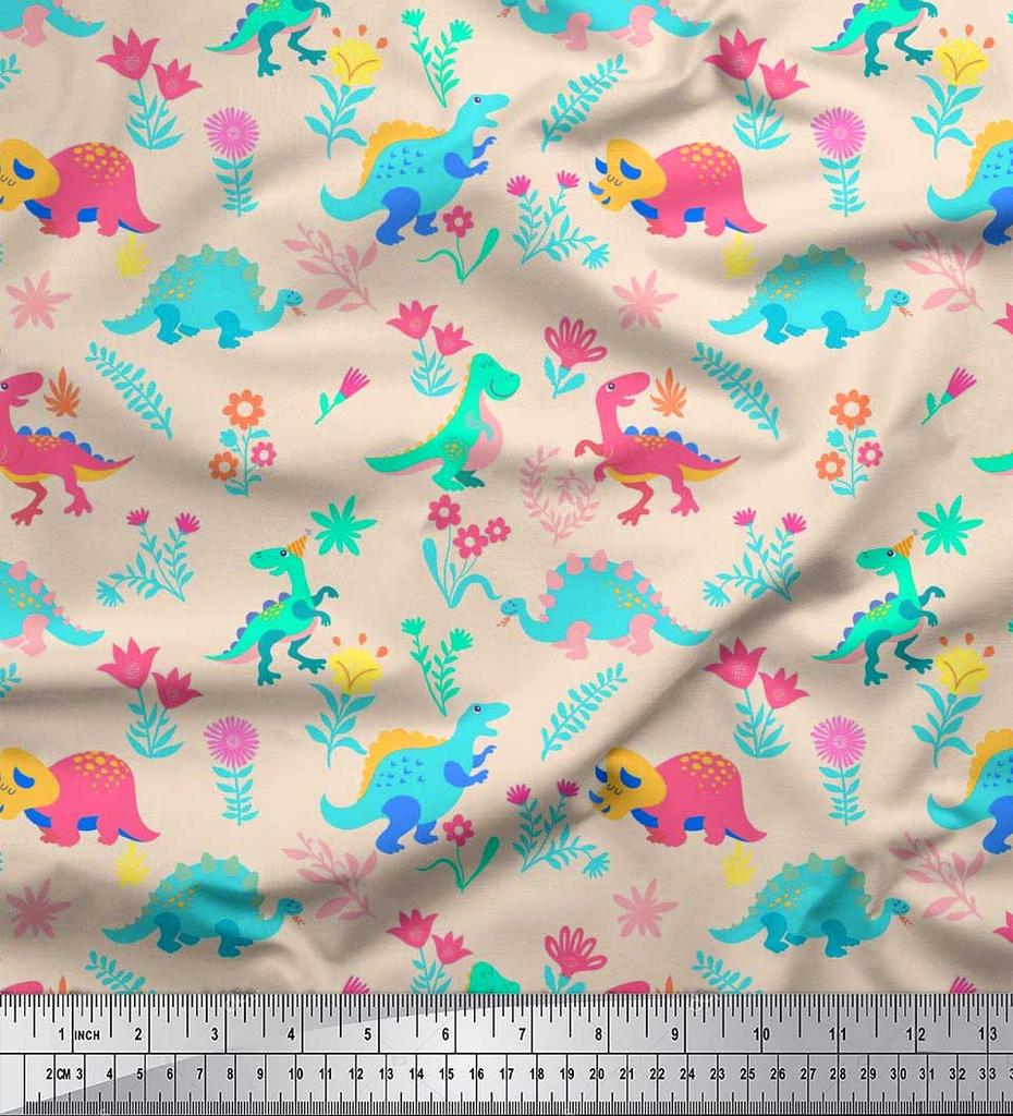 Soimoi Black Japan Crepe Satin Fabric Aster Flower & Dinosaur Kids Print Fabric by Metre 42 Inch