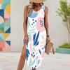 Women Plus Size Sleeveless U Neck Geometric Printed High Side Slit Curved Hem Dress