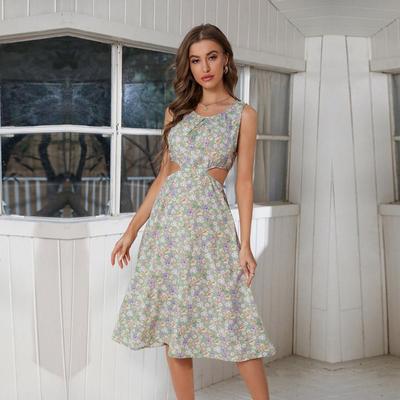 Femmes été Sexy licou cou sans manches taille haute une ligne en mousseline de soie robe florale S-XL