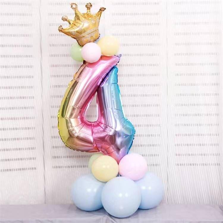 Gradient Color Crown Number Balloon Pillar, 32-40 Inch, First Birthday Party Decoration