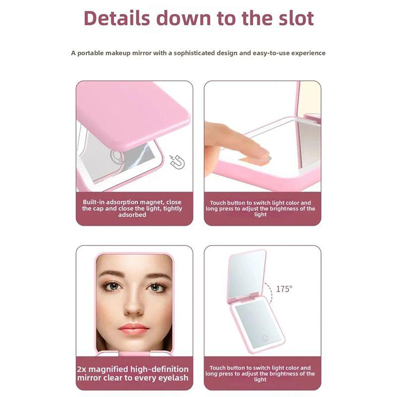 A60zcompact Mini Vanity Folding Cosmetic Mirror With Lights Hand Held Small Pocket Travel Makeup Mirror 2X Magnifyingmay