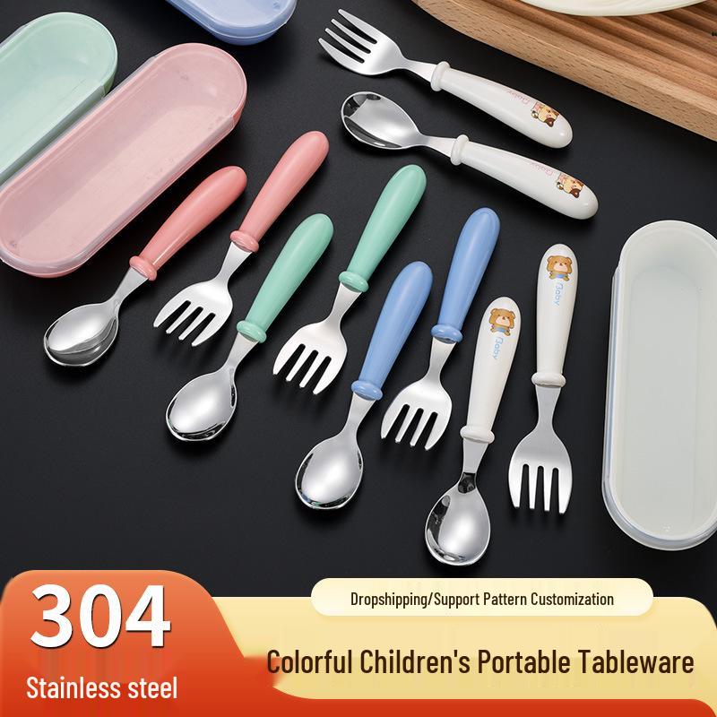 304 Stainless Steel Children's Spoon & Fork Set with Portable Box - Ideal for Baby Feeding and Student Use.