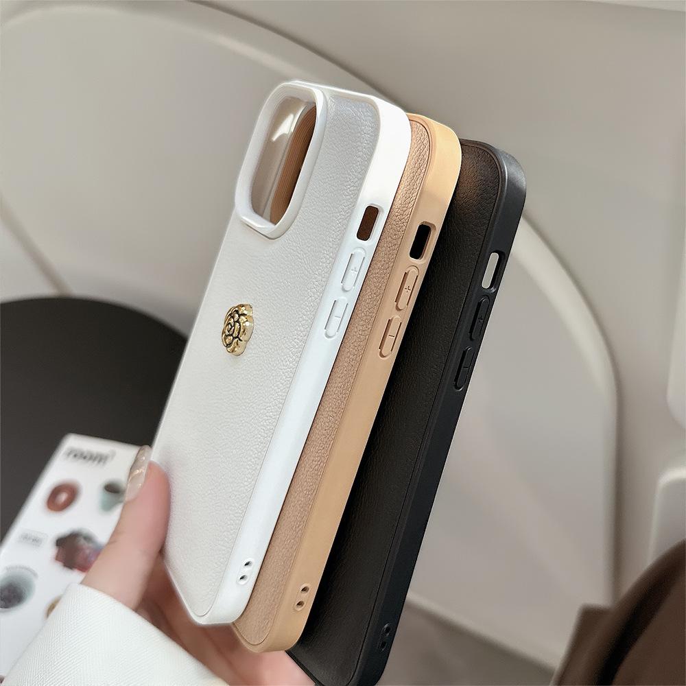 Light Luxury Camellia for Apple 16 Mobile Phone Case for IPhone17promax Solid Color Lychee Pattern 11 Autumn and Winter