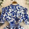 Summer Women Designer Vintage Print Runway Dress Elegant V-neck Single Breasted Party Dresses