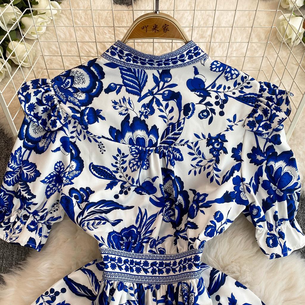 Summer Women Designer Vintage Print Runway Dress Elegant V-neck Single Breasted Party Dresses