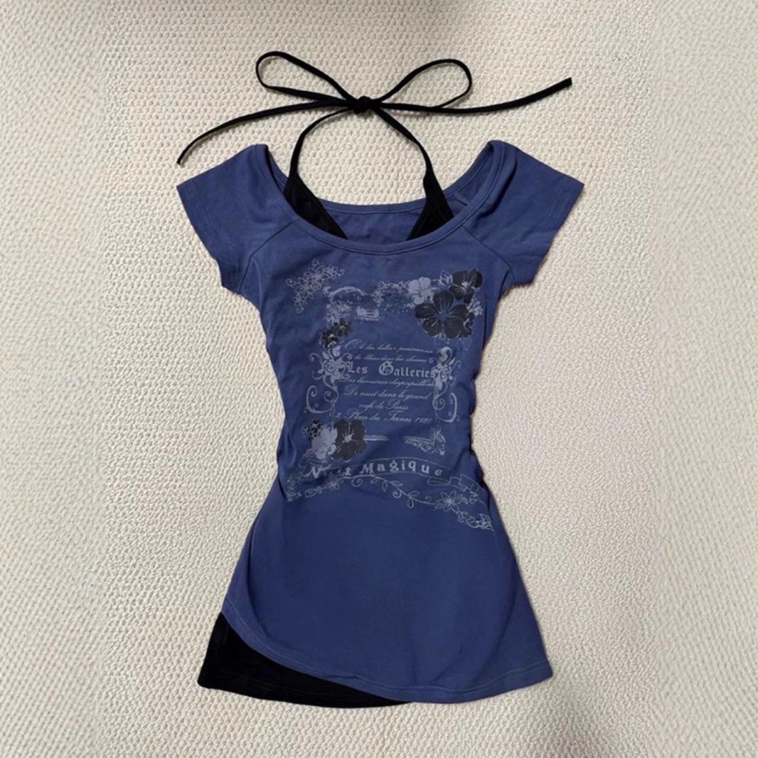 

Жіноча вінтажна блакитна літня сукня-двійка з халтером - Приталена Medium