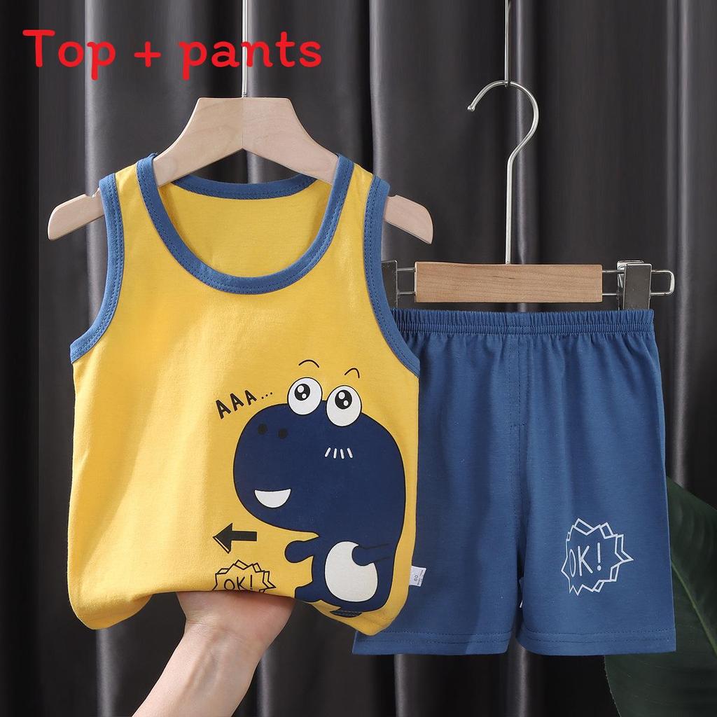 Cotton Kids Summer Sleeveless Shorts Set With Animal Cartoon Prints For Boys And Girls