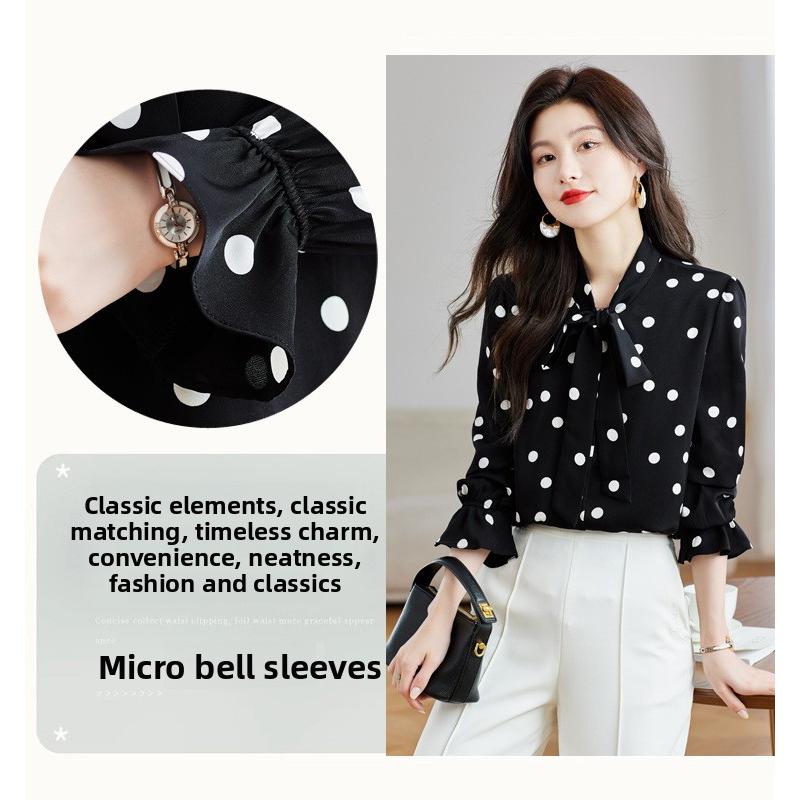 2026 Nuovo Top alla Moda ed Elegante per la Primavera, Camicia Versatile in Chiffon a Maniche Lunghe con Pois Neri