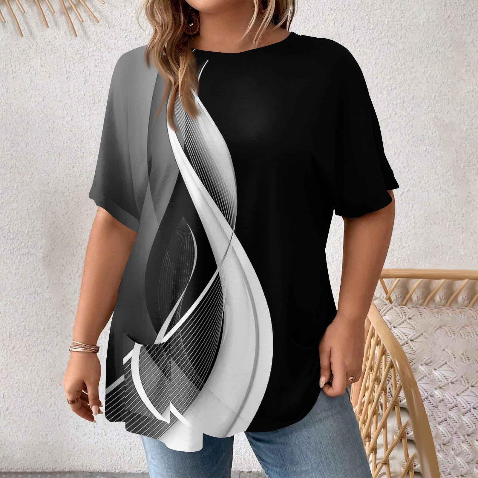 

Модная женская повседневная футболка больших размеров с коротким рукавом и круглым вырезом с карманами L чёрный