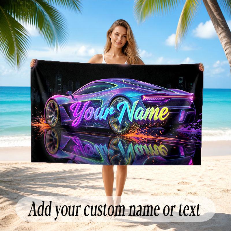 Car Racing Theme Beach Towel Personalized Custom Name & Text Soft Quick Dry Beach Towel for Swimming Travel