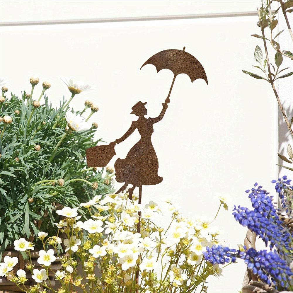 1Pc Garden Stake,Rust Patina Rusty Flower Bed Stake Woman with Umbrella Decorative Rust Figure for The Garden Mother'S Day Gift,Without Electricity