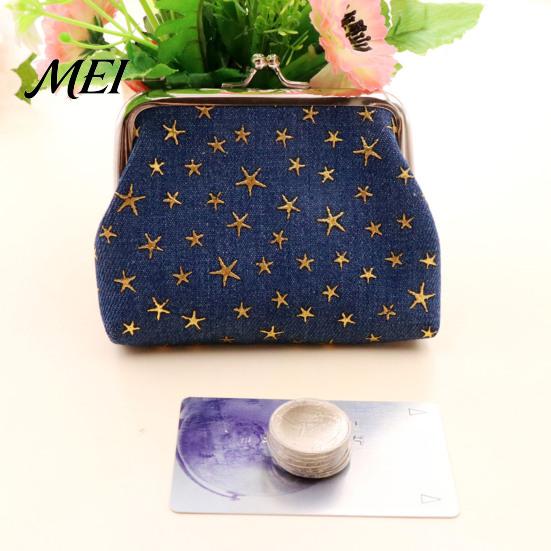 Portable Mini Wallet Golden Star Coin Purse, Women Denim Change Kiss Small Item Organizer Lock Closure Pouch for Folded Cash Coins Cards Purse