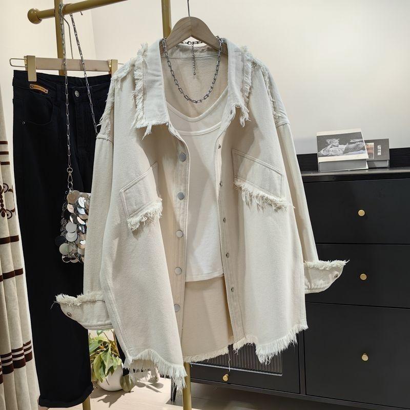 Blouse Jacket Shirt Women's Spring/Autumn Denim Frayed Korean Style Loose Fit Casual Niche Versatile Elegant Distinctive