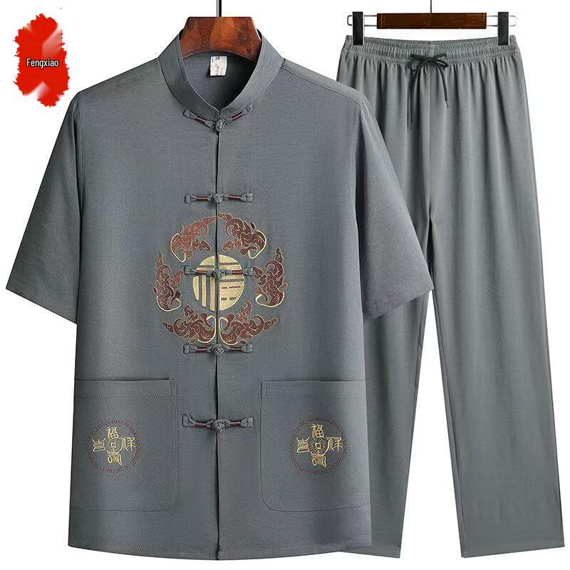 Men's Chinese Style Ice Silk Short Sleeve Tang Suit Set