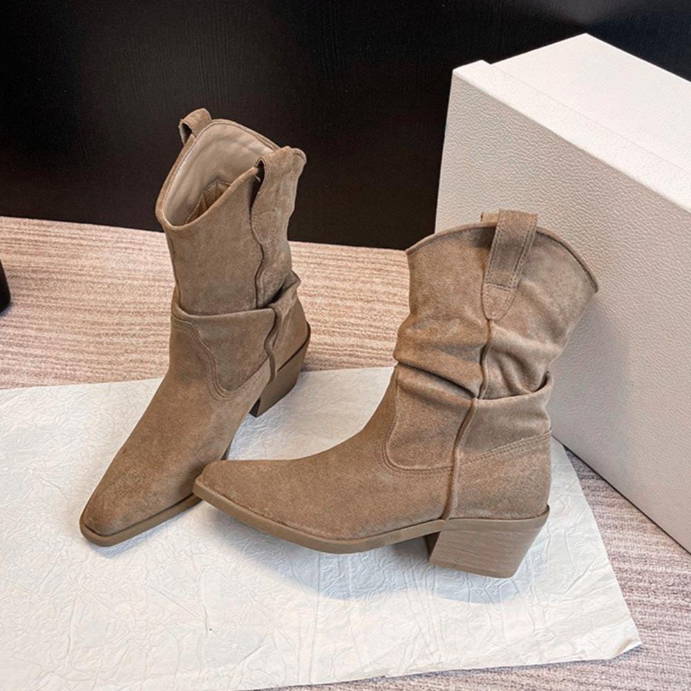Women's Autumn Boots Thick Heel Pointed Boots Women's 2025 Autumn Winter New Retro Versatile Western Mid Tube Boots for Woman