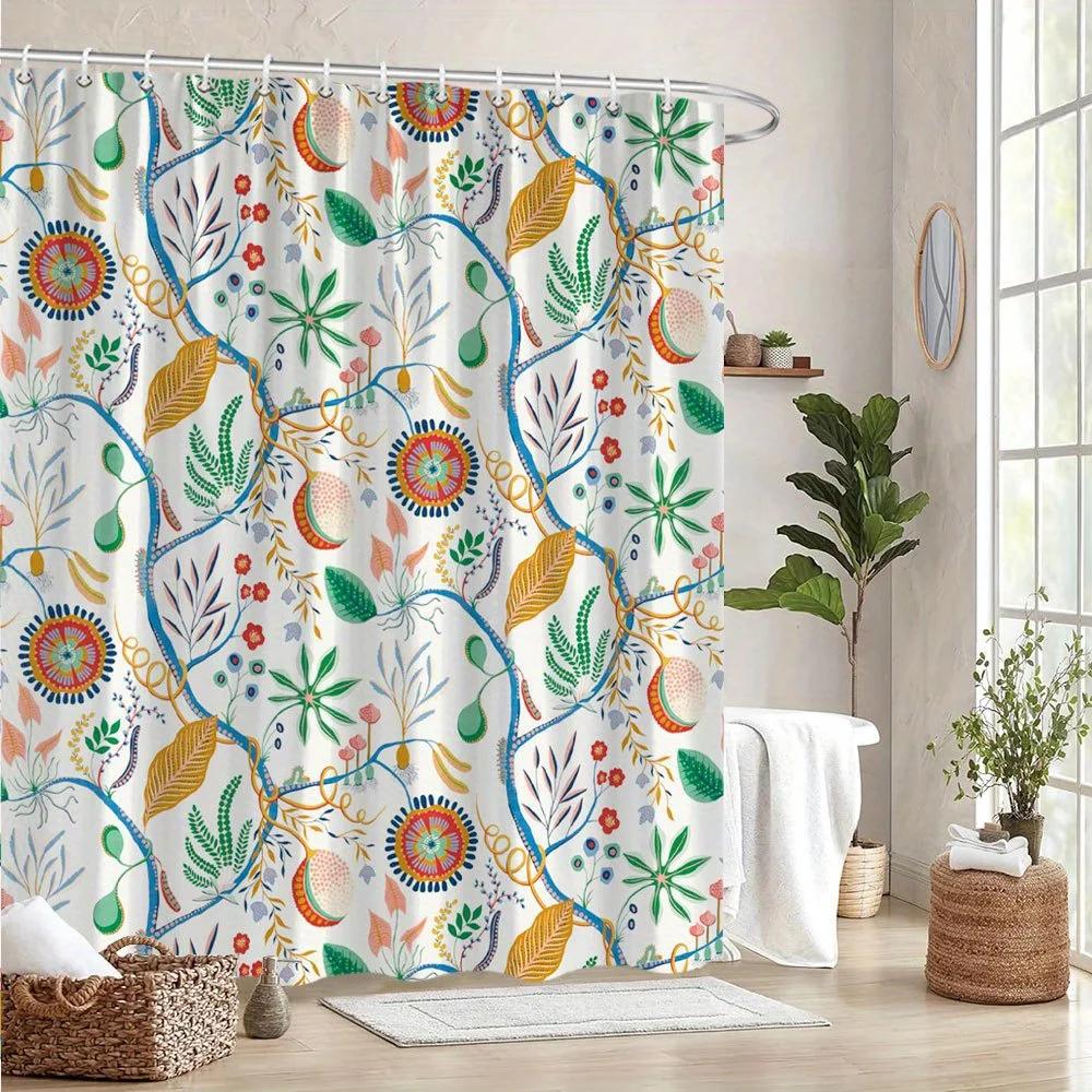 Pandara Jewelry Green/Red/Yellow Vibrant Botanical Shower Curtain - Colorful Abstract Flowers & Leaves, ,Blue On White,Playful Modern Bath Decor