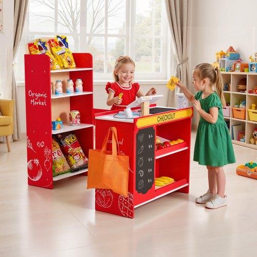 VEVOR Kids Grocery Store Playset, Wooden Play Store with Shopping Bag, Kids Supermarket Pretend Play Toy Set with Conveyor Belt, Scanner