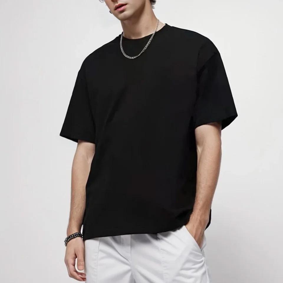 Wovey Zwaar Oversized Effen T-shirt voor Mannen Zomer Hoge Kwaliteit Korte Mouw Tee katoen Effen Kleur Trendy Casual wit Top 4XL zwart