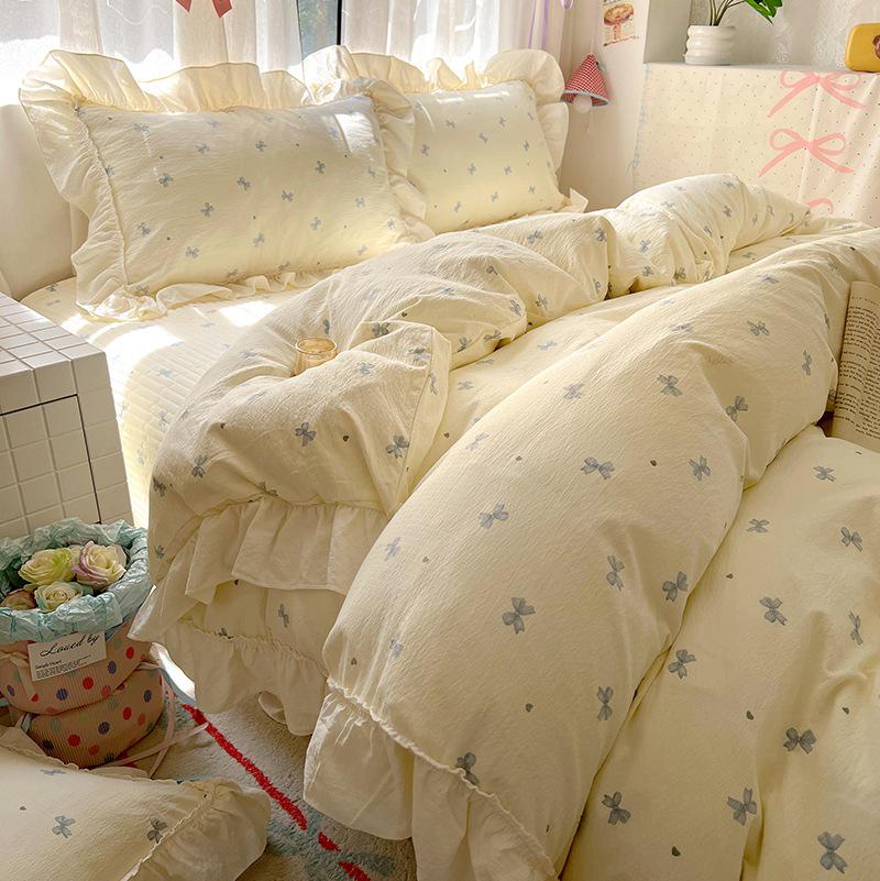 Princess Style Crinkled Gauze Lace Bedding Set - 4-Piece Washable Cotton Plaid Double Duvet Cover for All Seasons