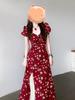 Red Floral Dress Women's Summer New High-end French Bubble Sleeve Split-ended Square Neck Temperament Long Dress
