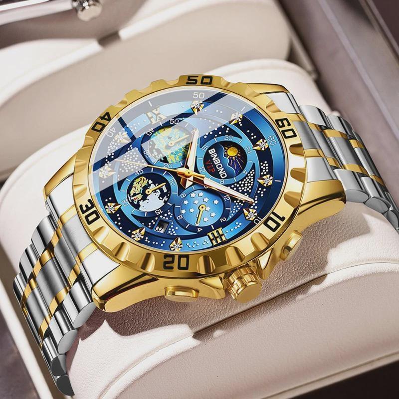 Zegarek Męski Biznesowy Stalowy Pasek Gwieździste Niebo Obraz Olejny Wodoodporny Podświetlenie Nocne Kalendarz Męski Modny Zegarek Kwarcowy