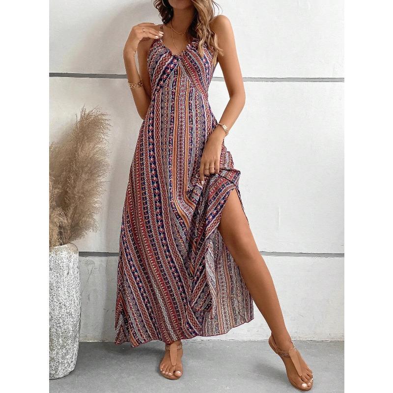 Women's Summer Ethnic Pattern Backless Split Thigh Dress Ladies Summer Clothes Fashion Frill Trim Long Dress Beach